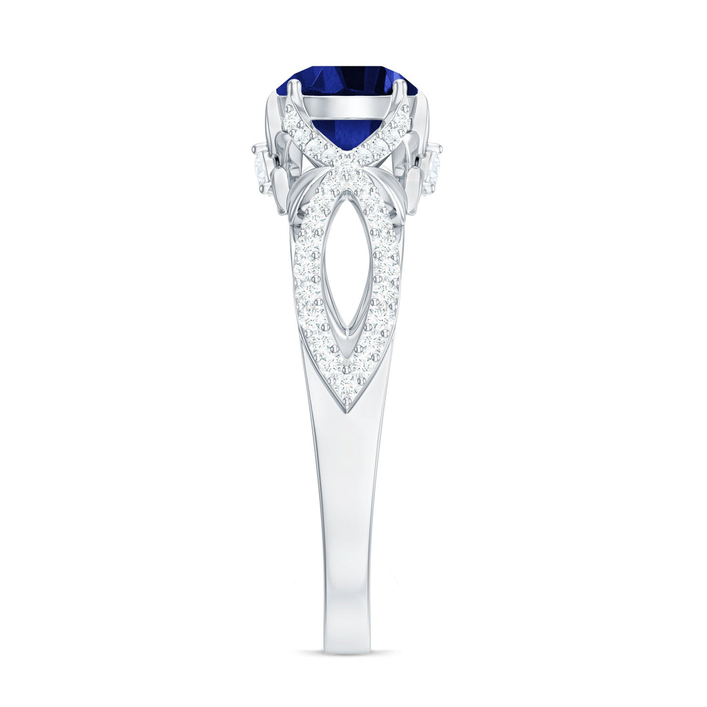 1 Carat Lab Grown Blue Sapphire Engagement Ring with Diamond Crossover Shank