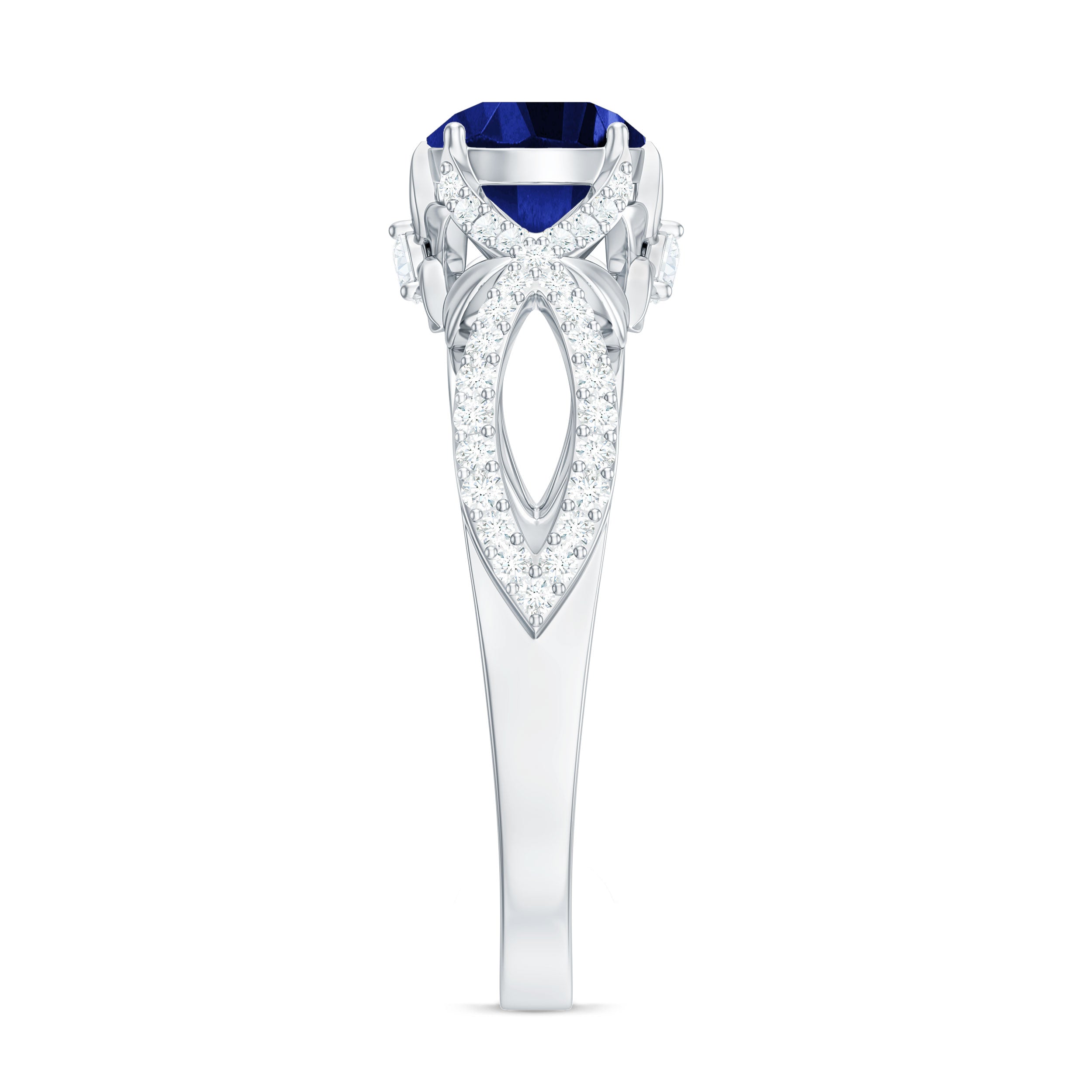 1 Carat Lab Grown Blue Sapphire Engagement Ring with Diamond Crossover Shank
