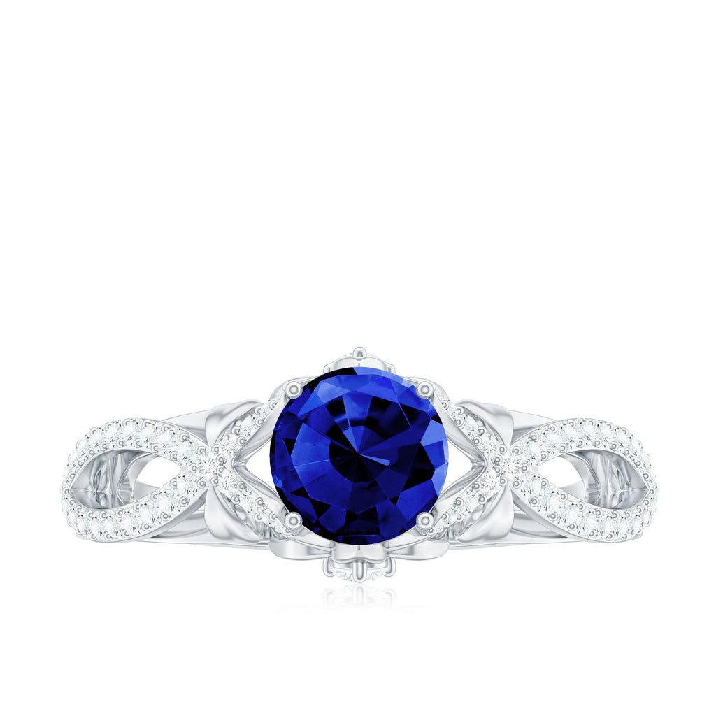 1 Carat Lab Grown Blue Sapphire Engagement Ring with Diamond Crossover Shank