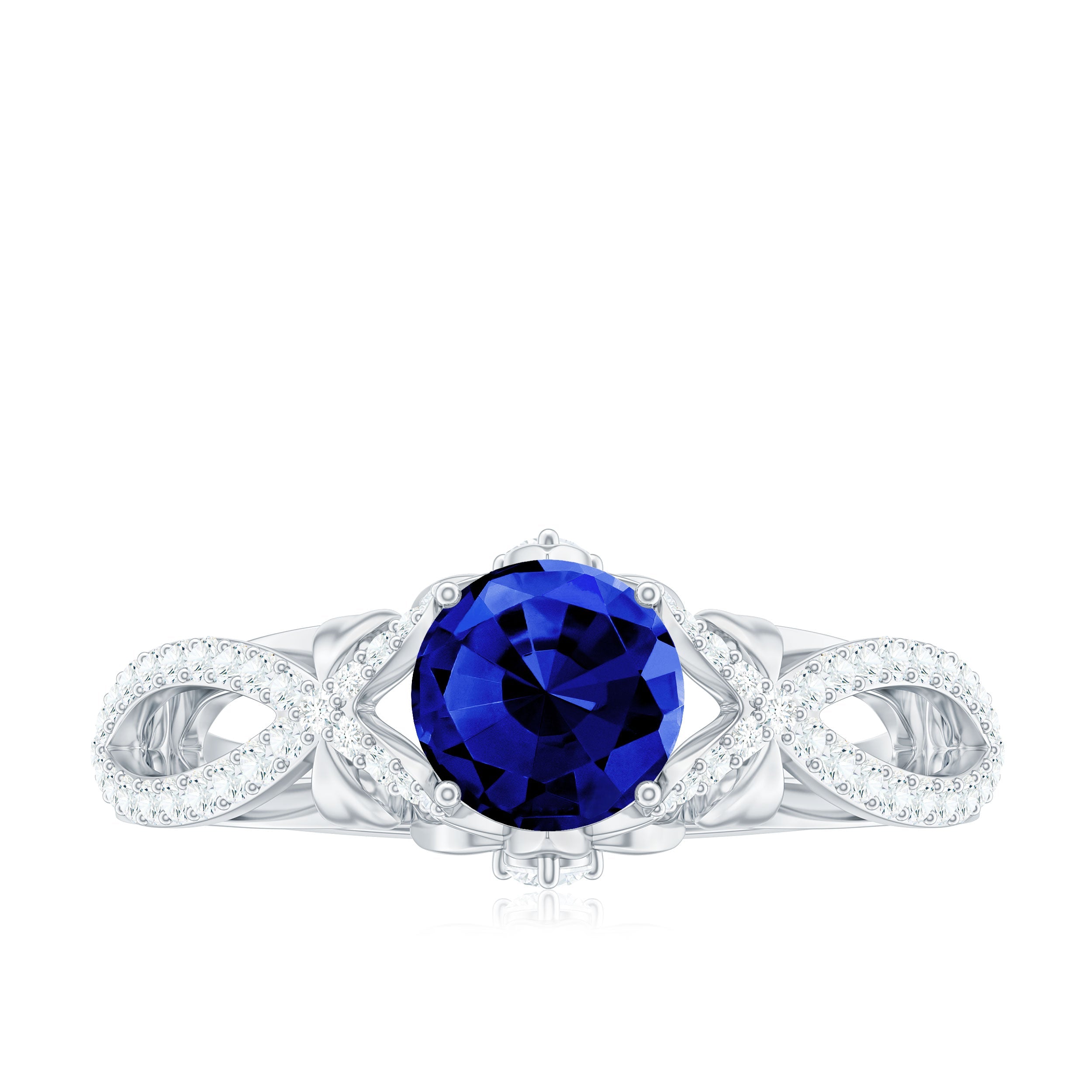 1 Carat Lab Grown Blue Sapphire Engagement Ring with Diamond Crossover Shank