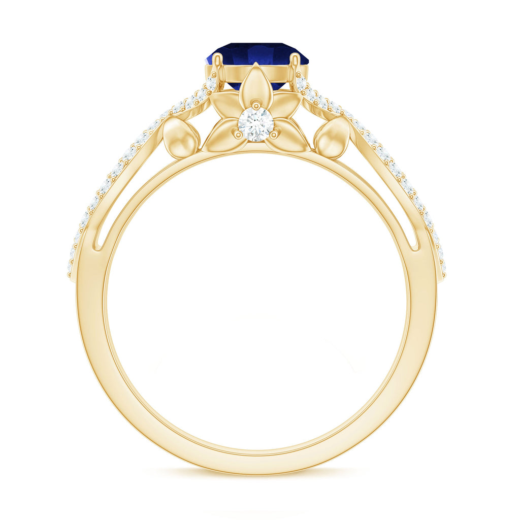 1 Carat Lab Grown Blue Sapphire Engagement Ring with Diamond Crossover Shank