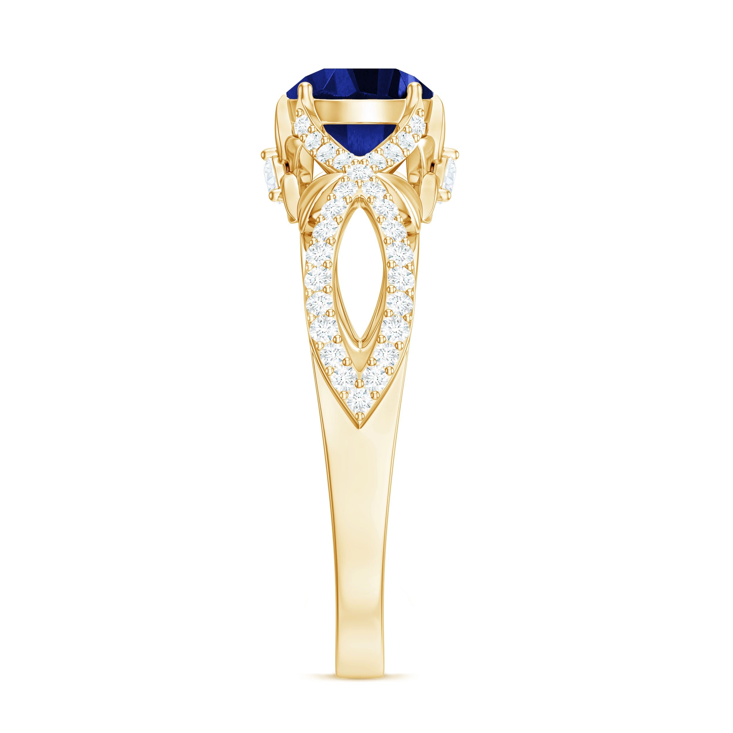 1 Carat Lab Grown Blue Sapphire Engagement Ring with Diamond Crossover Shank