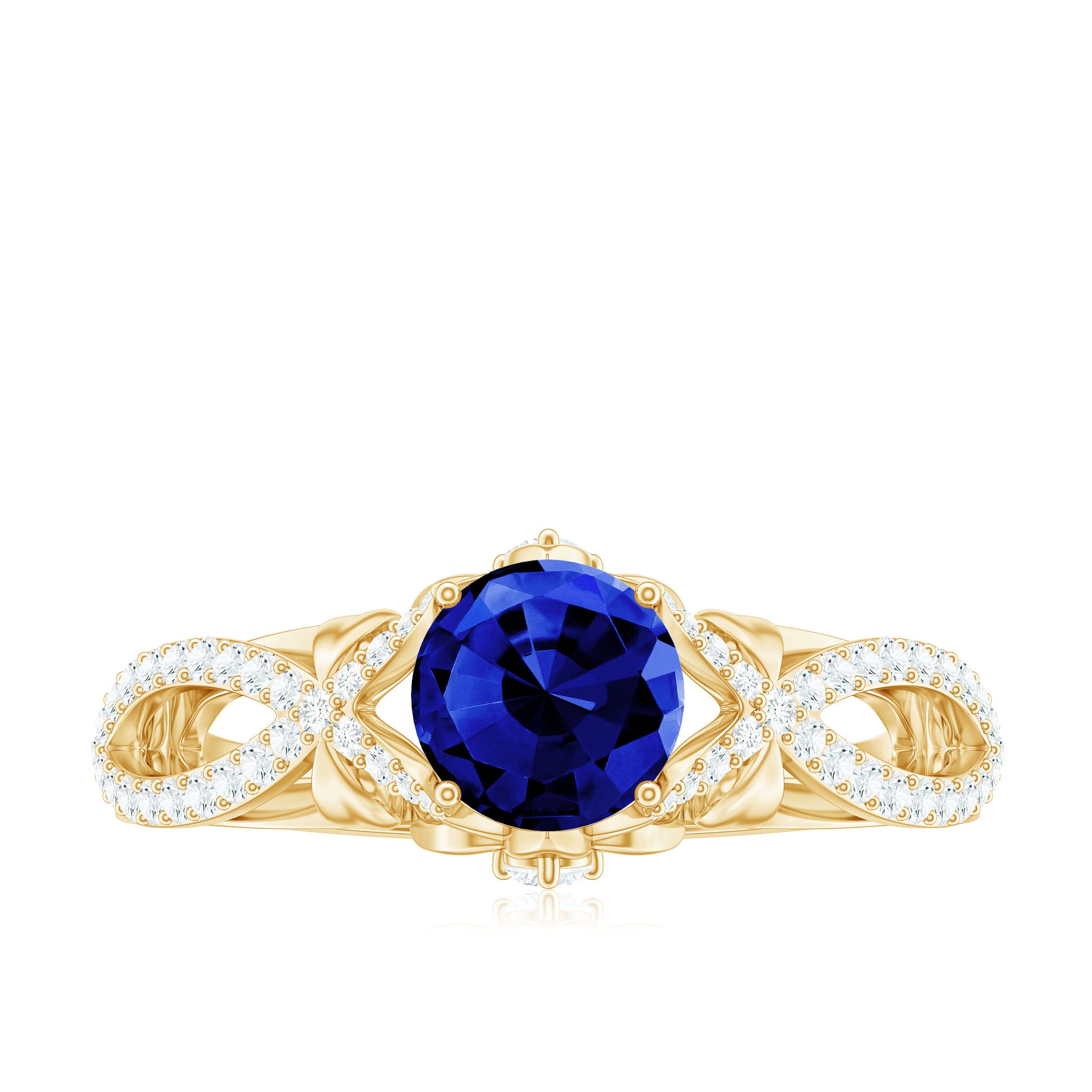 1 Carat Lab Grown Blue Sapphire Engagement Ring with Diamond Crossover Shank