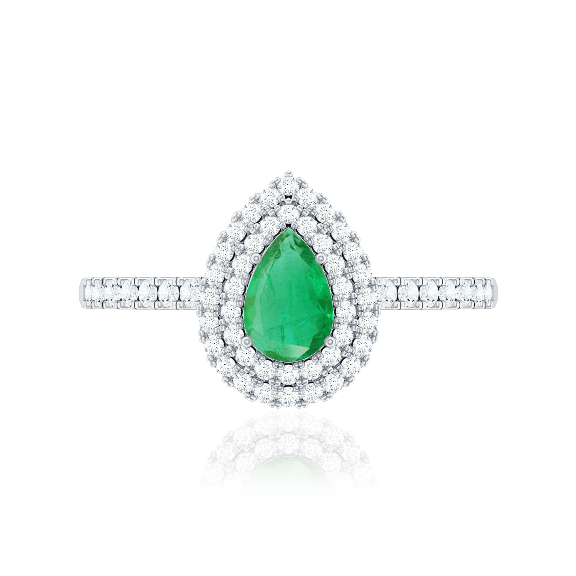 Natural Emerald Teardrop Engagement Ring with Diamond Double Halo