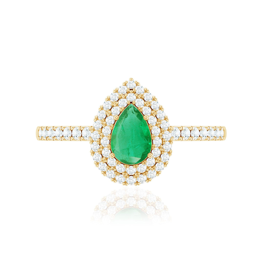 Natural Emerald Teardrop Engagement Ring with Diamond Double Halo
