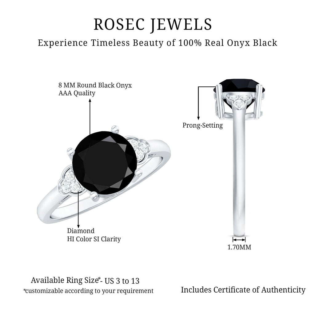Real Black Onyx Solitaire Engagement Ring with Diamond Trio