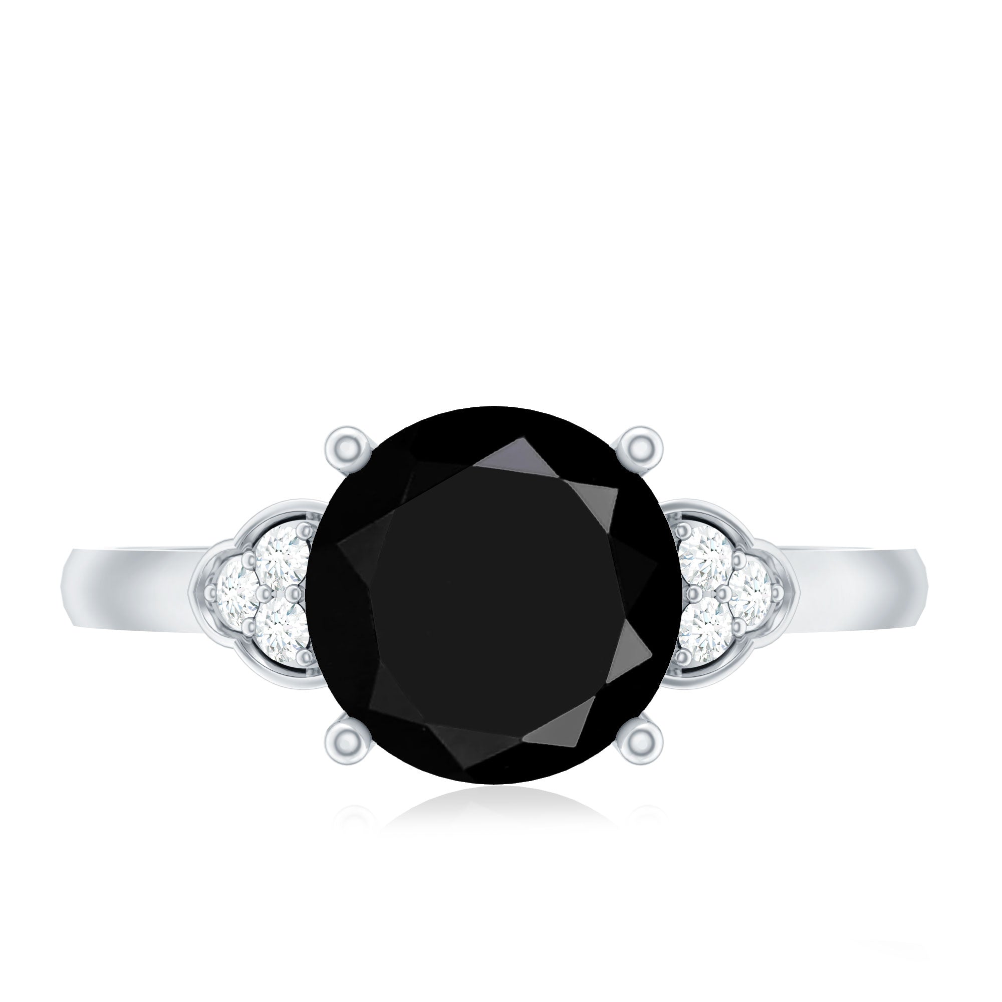 Real Black Onyx Solitaire Engagement Ring with Diamond Trio