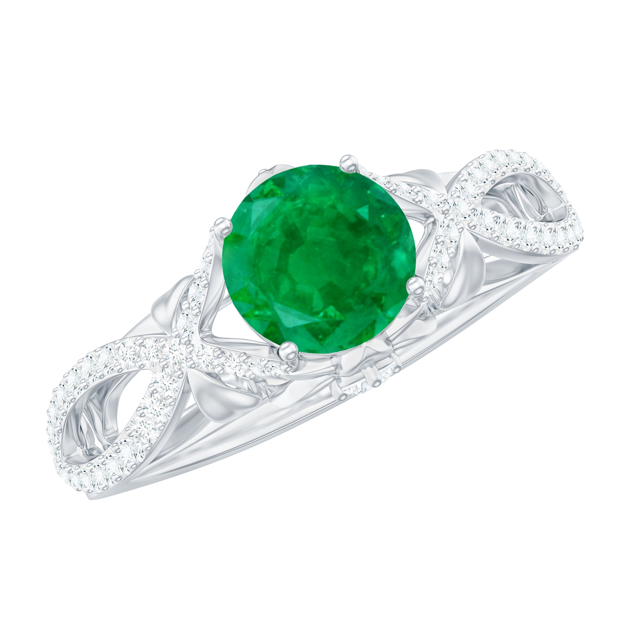 Designer Emerald Crossover Engagement Ring with Diamond