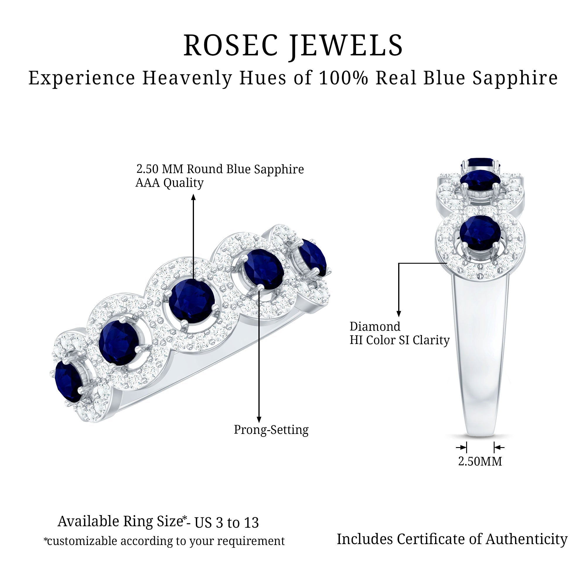Classic Blue Sapphire Half Eternity Anniversary Ring with Diamond