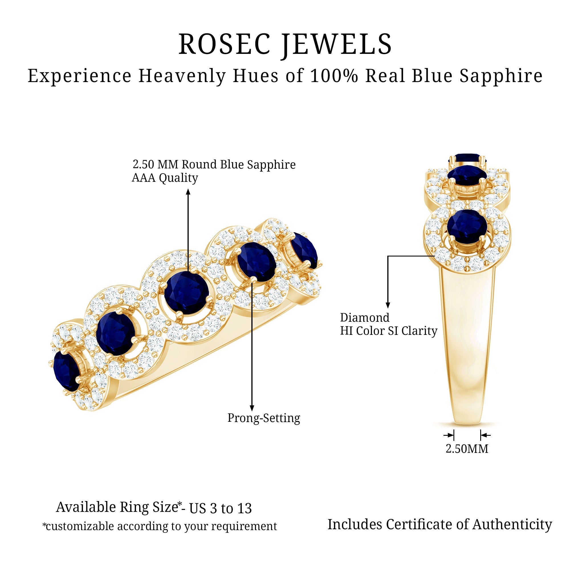 Classic Blue Sapphire Half Eternity Anniversary Ring with Diamond
