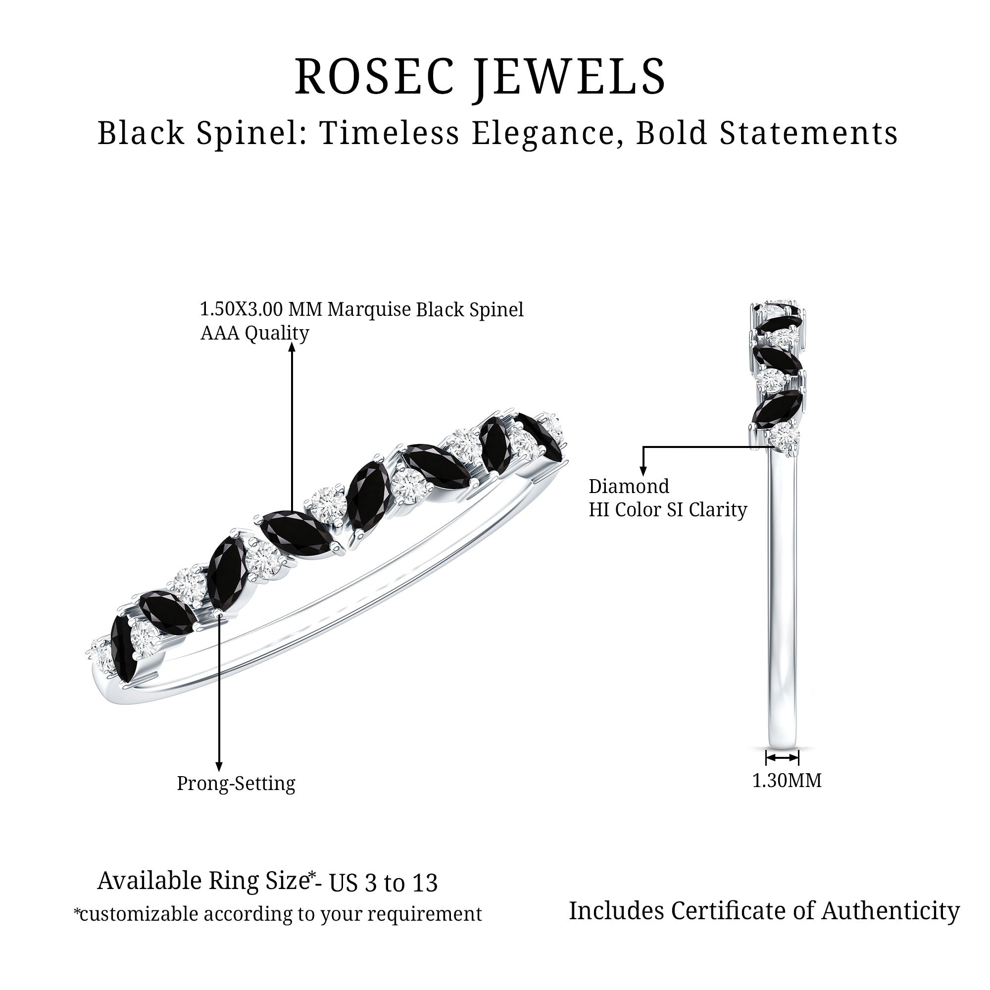 Natural Marquise Black Spinel Diamond Half Eternity Ring