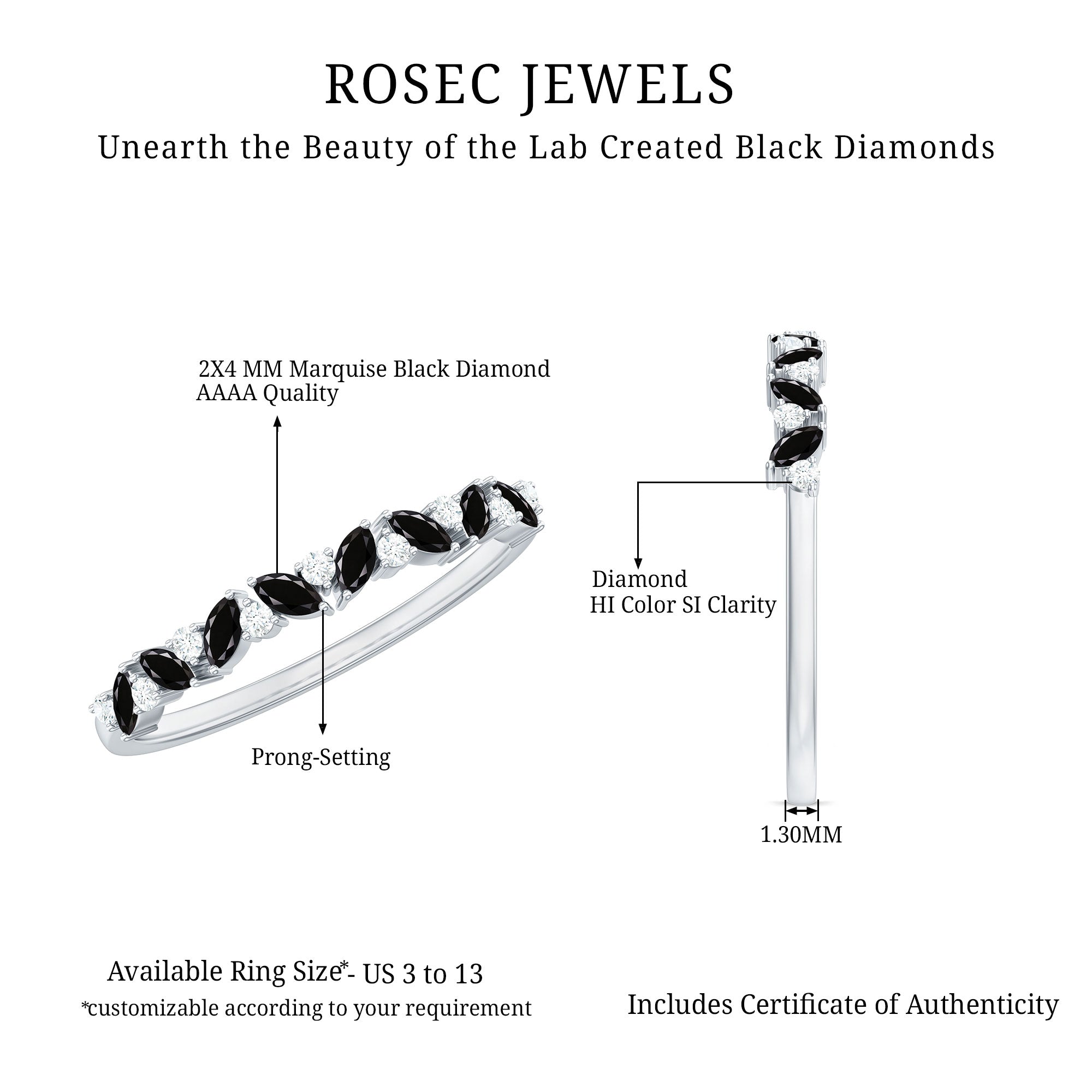 Marquise Created Black Diamond and Diamond Half Eternity Ring