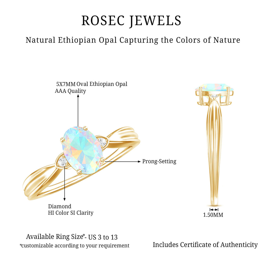 Natural Solitaire Ethiopian Opal Diamond Oval Engagement Ring With Pinched Shank