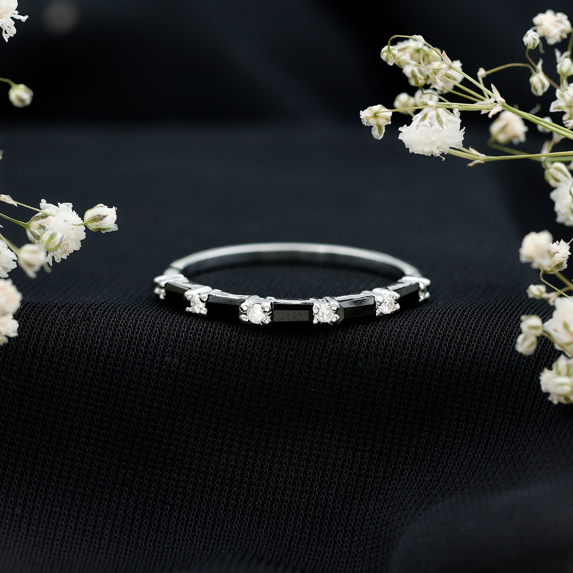 Certified Baguette Lab Grown Black and White Diamond Half Eternity Ring
