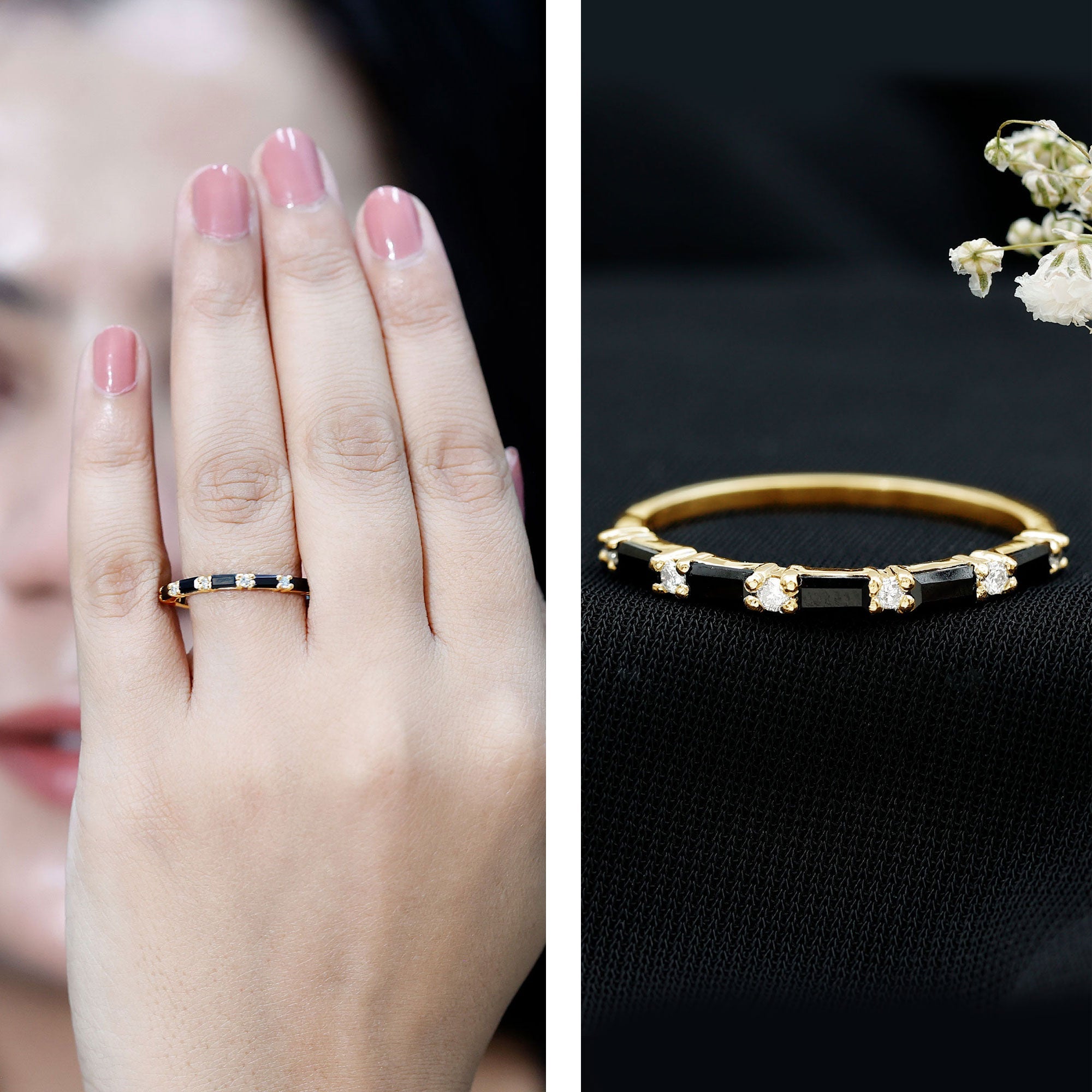 Certified Baguette Lab Grown Black and White Diamond Half Eternity Ring