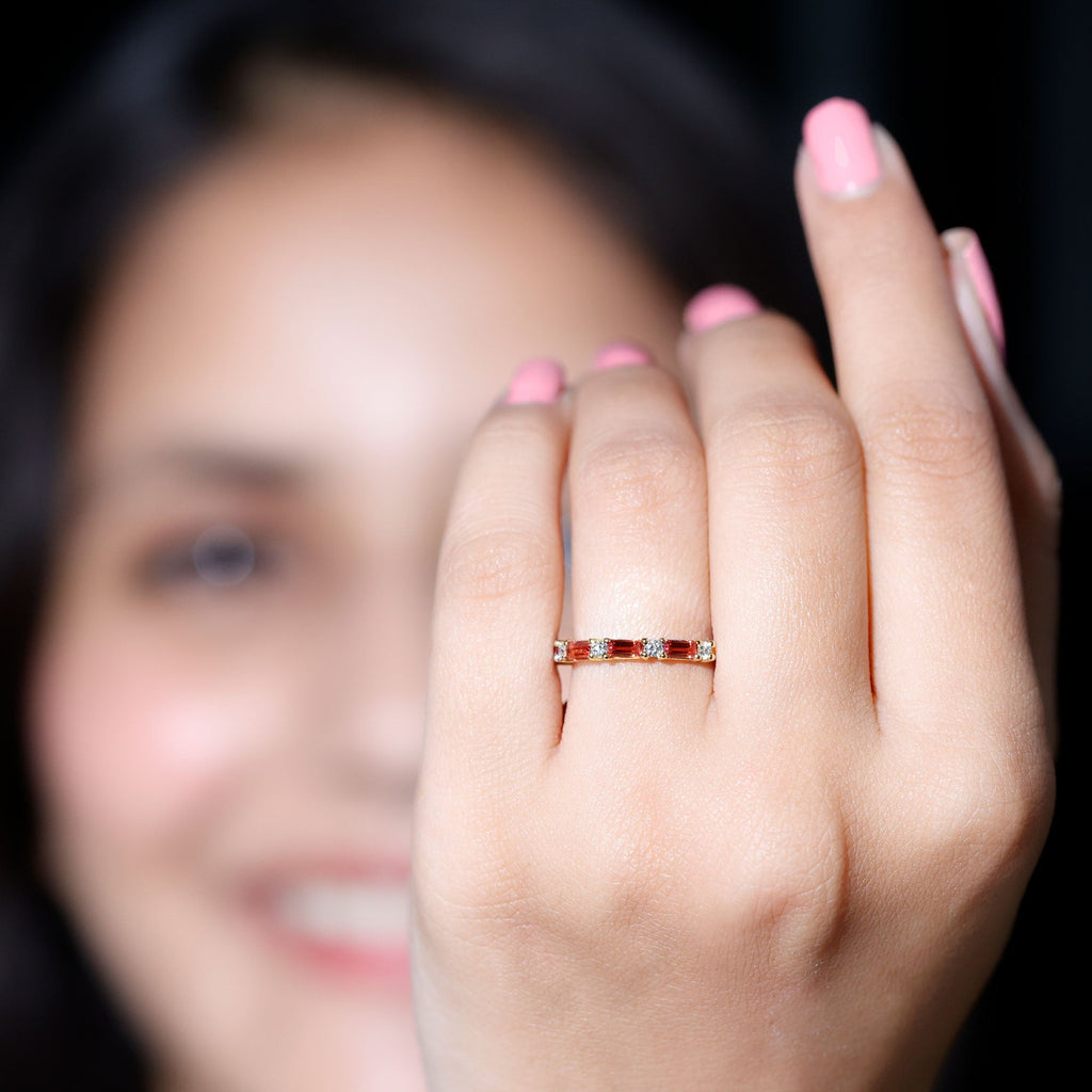 Lab Grown Orange Sapphire and Diamond Half Eternity Stackable Ring