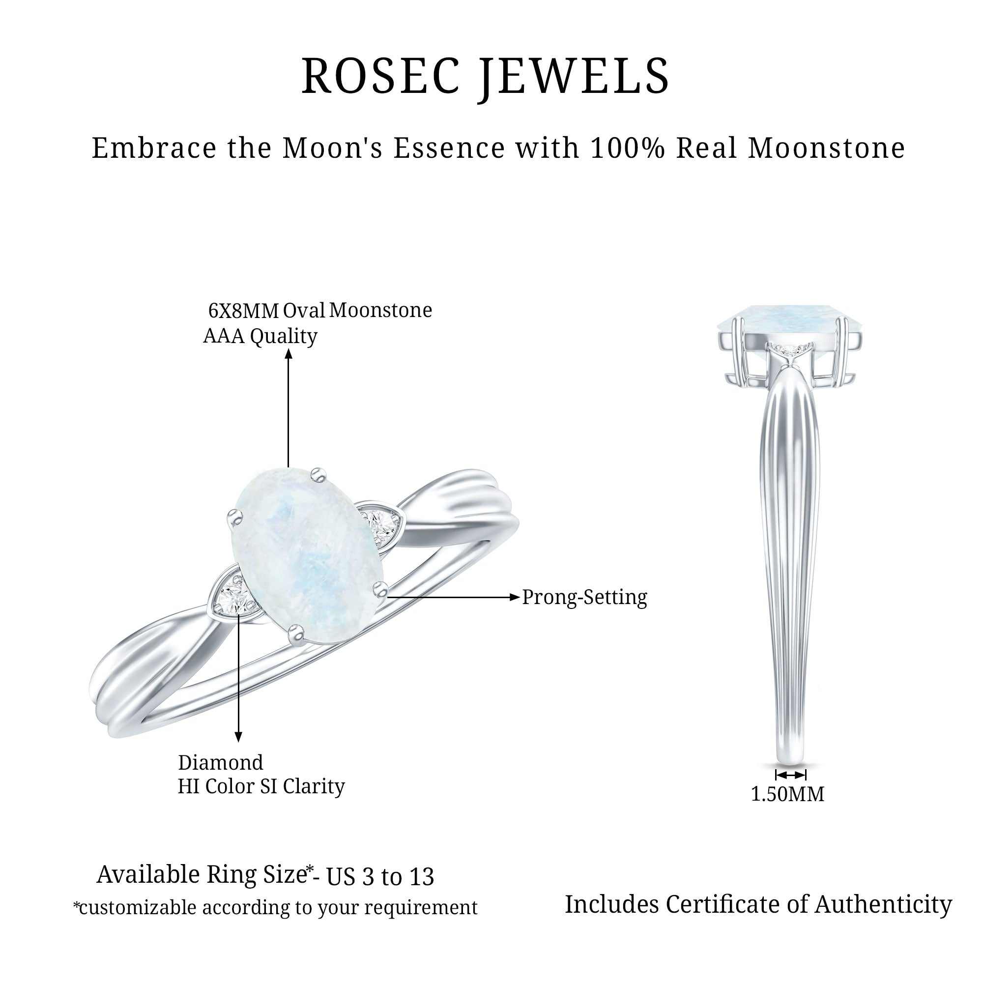 1 CT Oval Cut Moonstone Solitaire Ring with Diamond