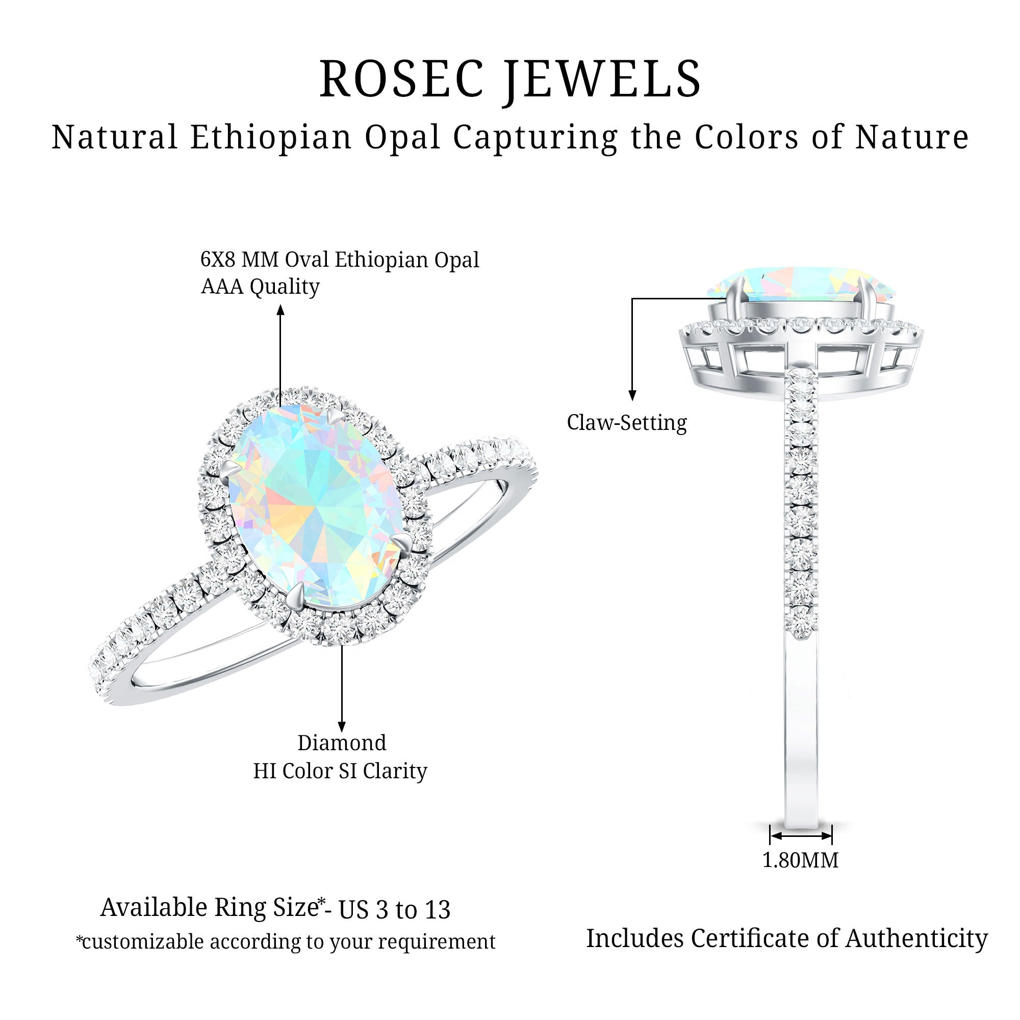 Certified Real 1.2 Carat Ethiopian Opal Oval Engagement Ring with Diamond Halo