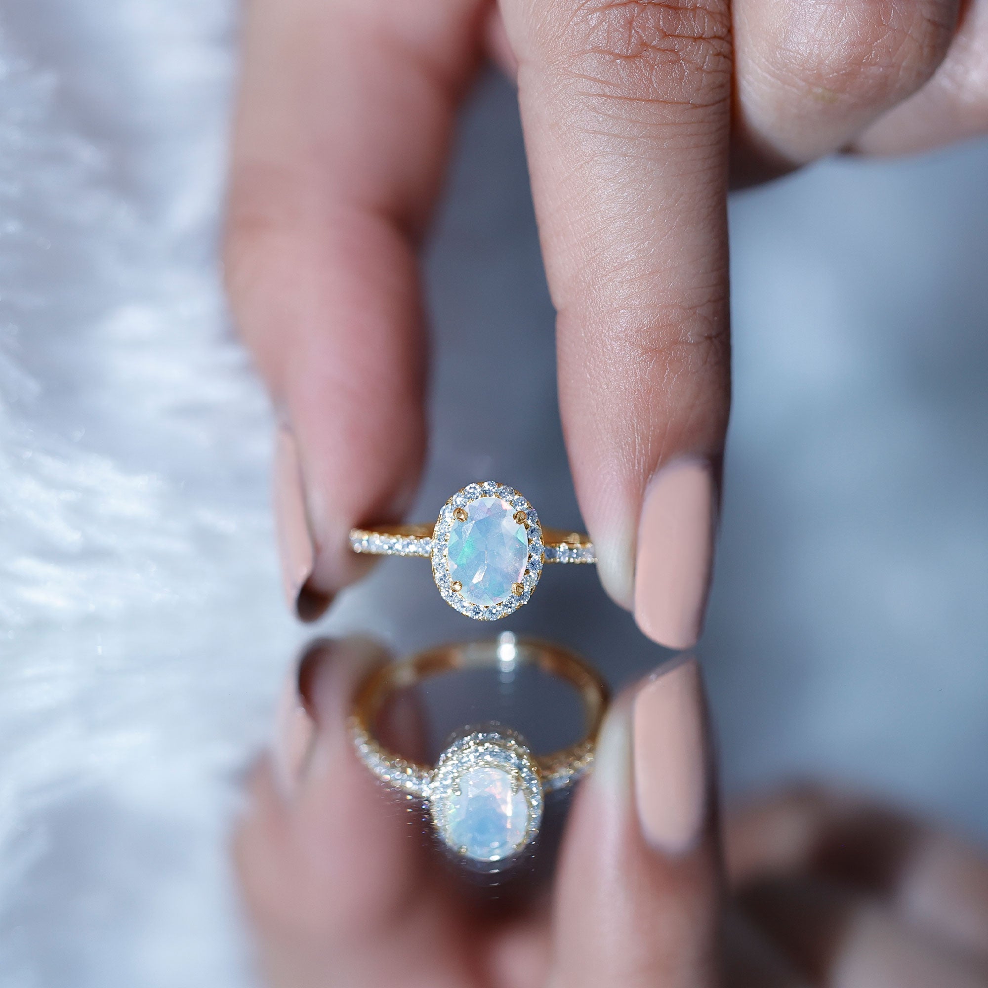 Certified Real 1.2 Carat Ethiopian Opal Oval Engagement Ring with Diamond Halo