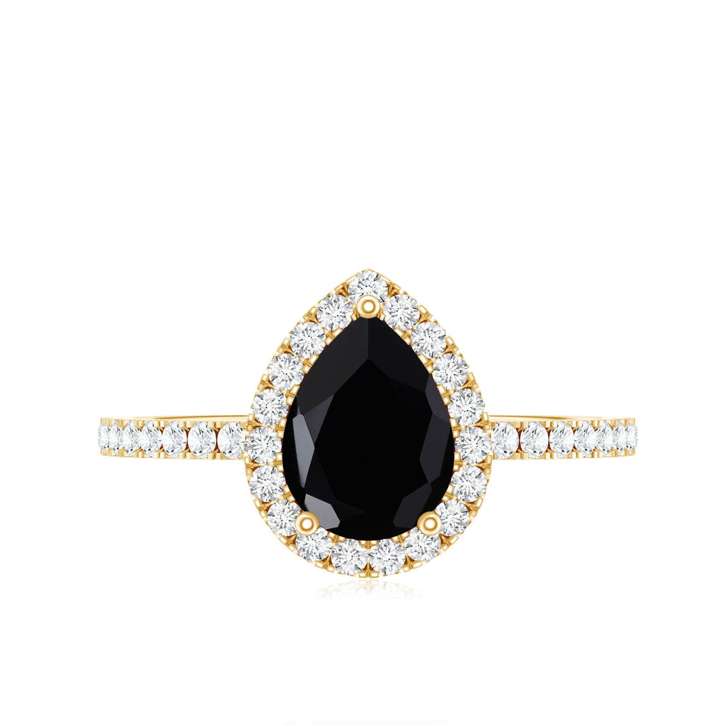 Genuine Black Onyx Teardrop Engagement Ring with Diamond
