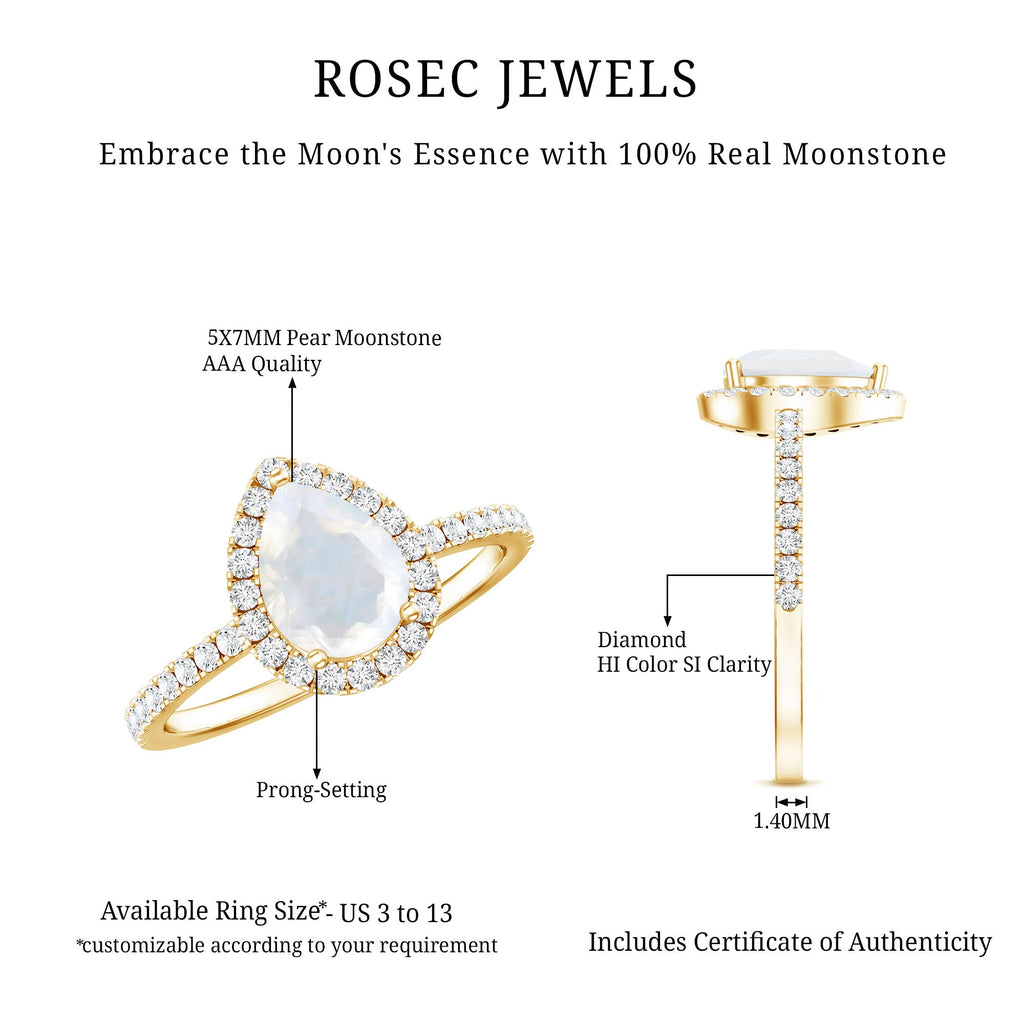 1.25 CT Pear Cut Moonstone Solitaire Simple Engagement Ring with Diamond Accent