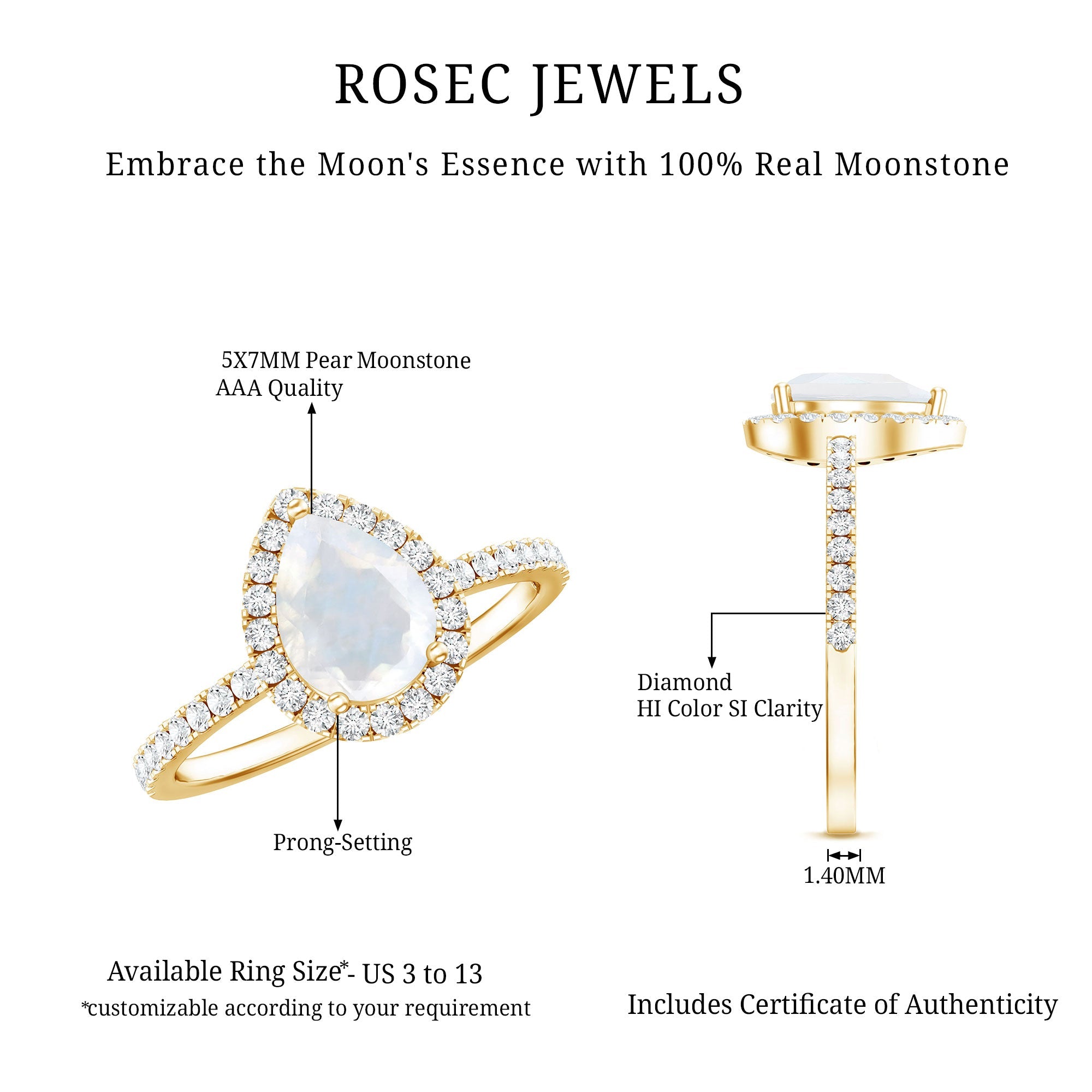 1.25 CT Pear Cut Moonstone Solitaire Simple Engagement Ring with Diamond Accent