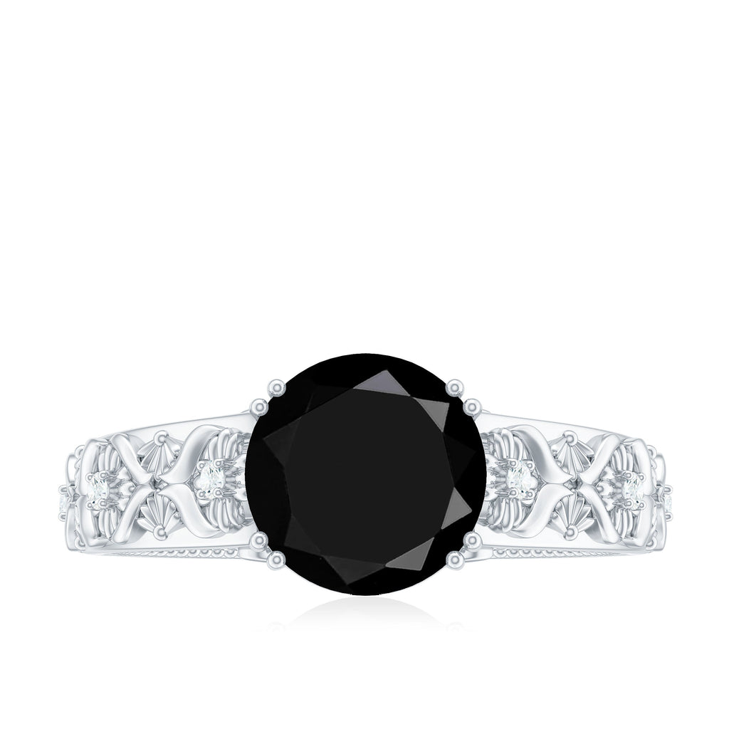 8mm Round Black Onyx Solitaire Antique Looking Engagement Ring with Diamond
