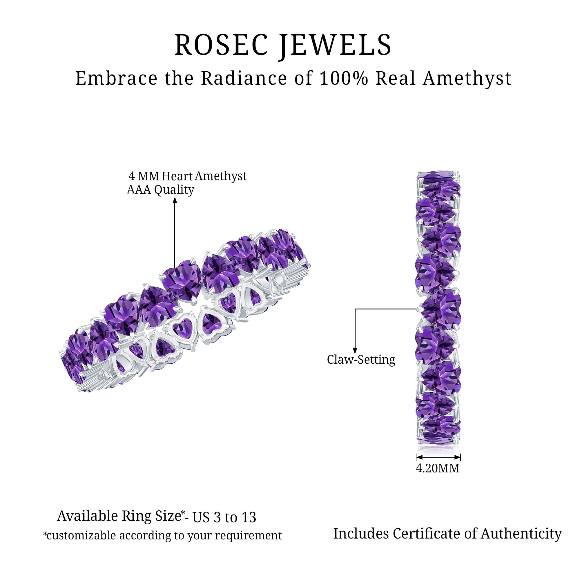 Genuine February Birthstone Amethyst Heart Eternity Ring