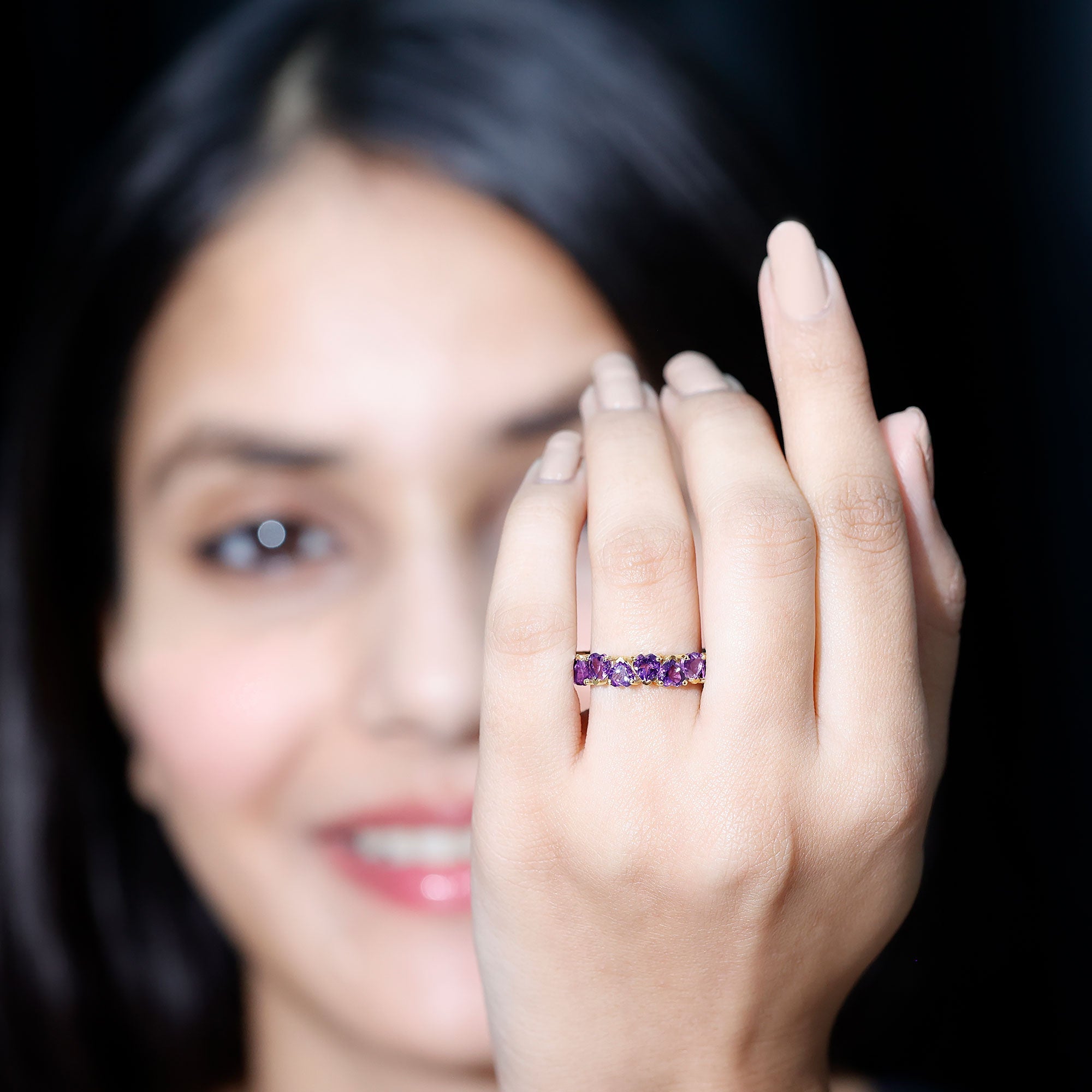 Genuine February Birthstone Amethyst Heart Eternity Ring