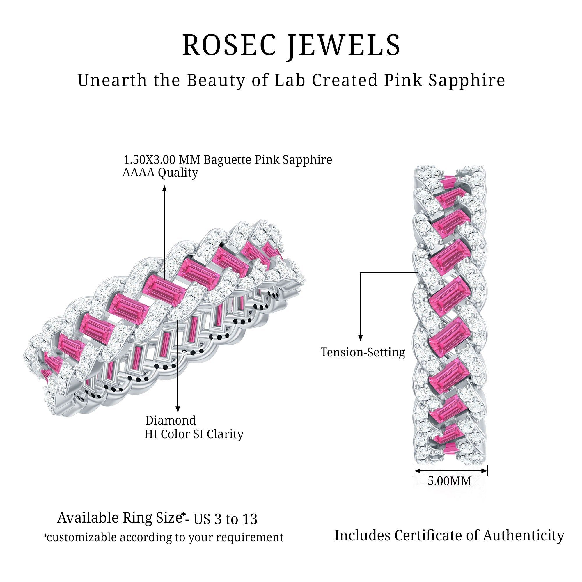 Baguette Lab Grown Pink Sapphire Eternity Band with Diamond