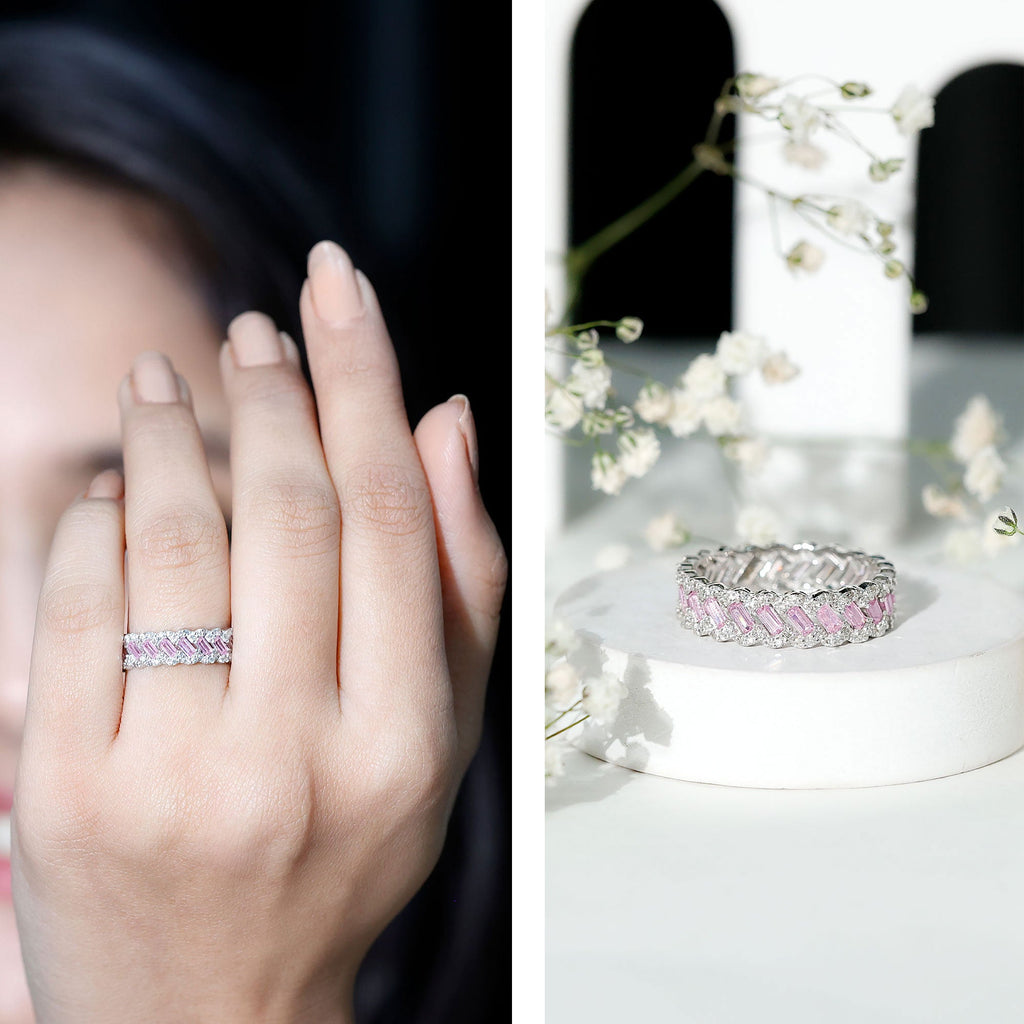 Baguette Lab Grown Pink Sapphire Eternity Band with Diamond