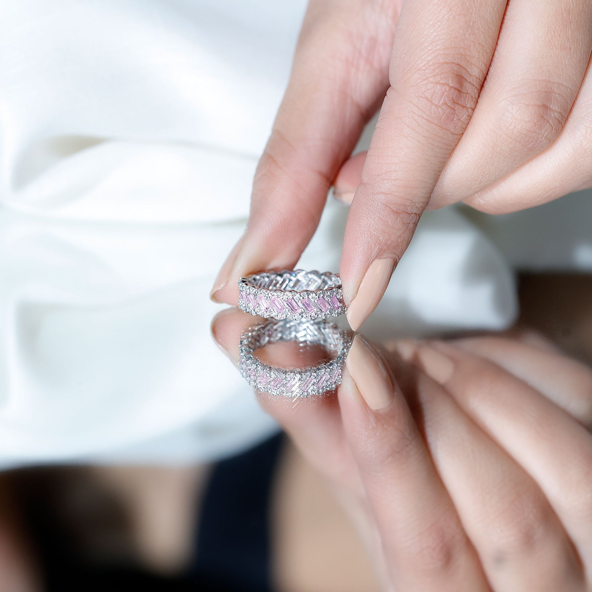Baguette Lab Grown Pink Sapphire Eternity Band with Diamond
