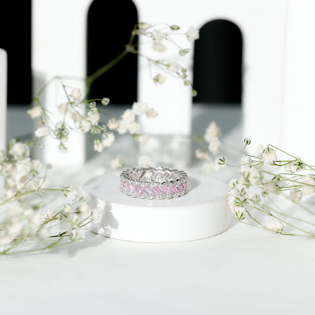 Baguette Lab Grown Pink Sapphire Eternity Band with Diamond