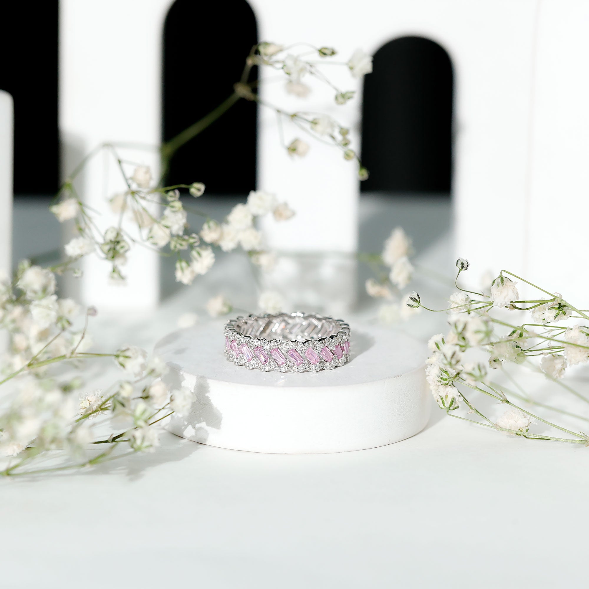 Baguette Lab Grown Pink Sapphire Eternity Band with Diamond