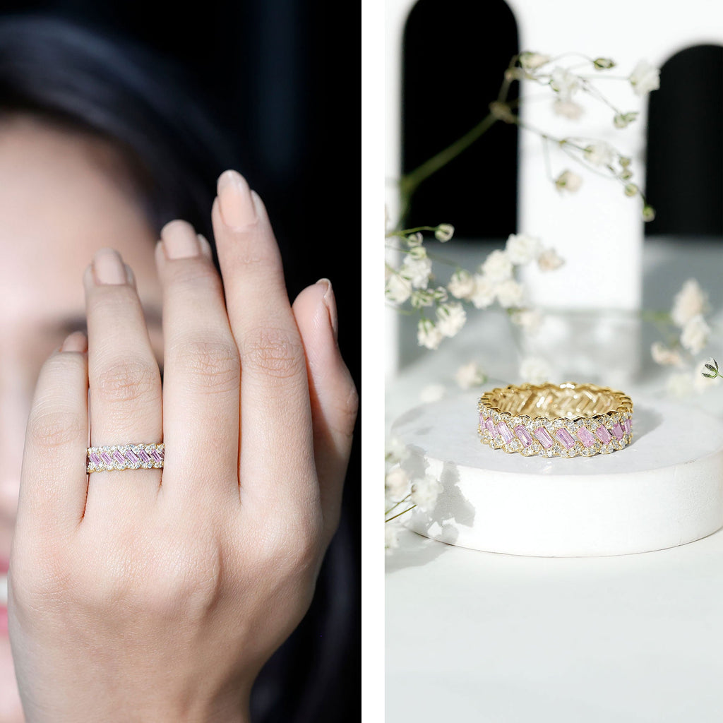 Baguette Lab Grown Pink Sapphire Eternity Band with Diamond