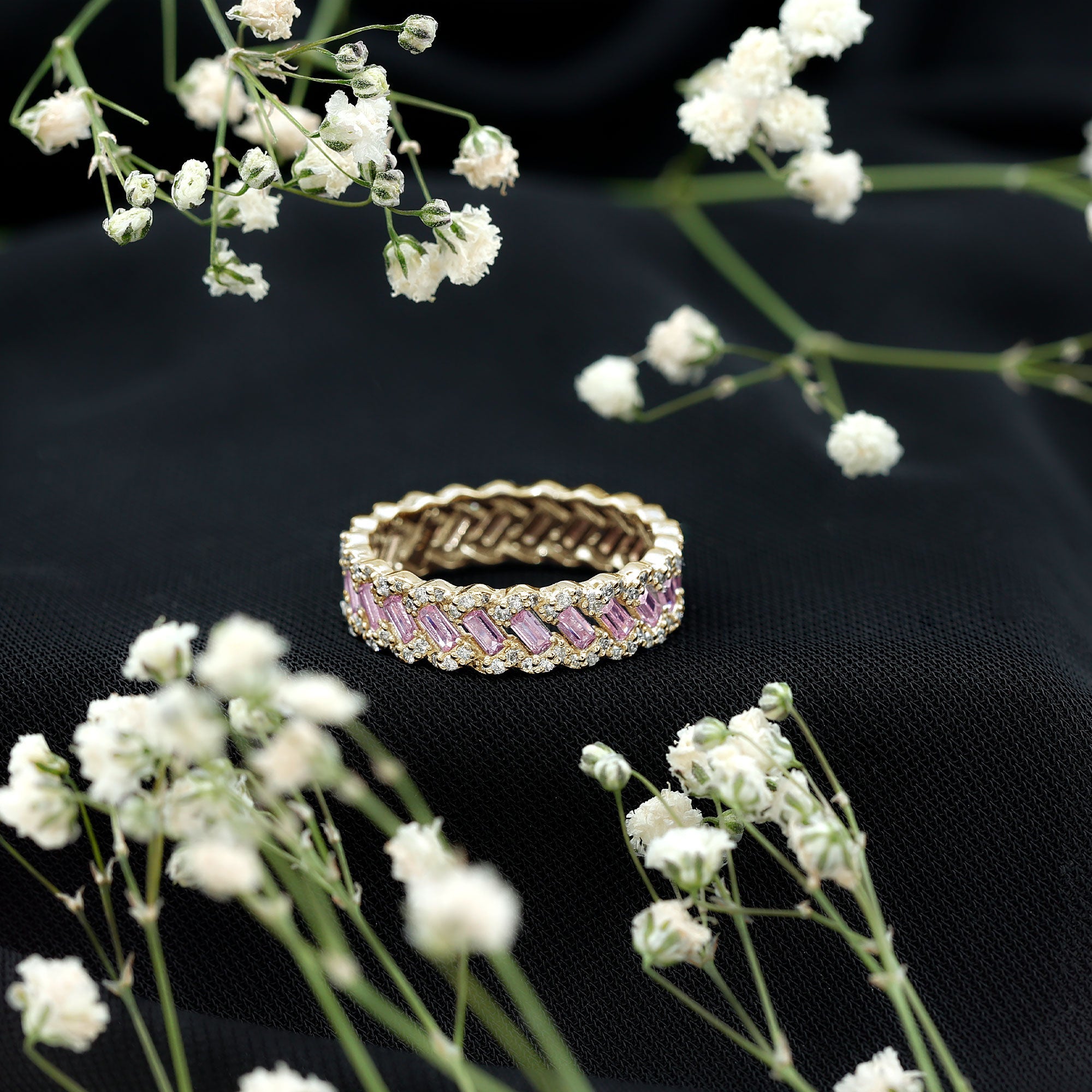 Baguette Lab Grown Pink Sapphire Eternity Band with Diamond