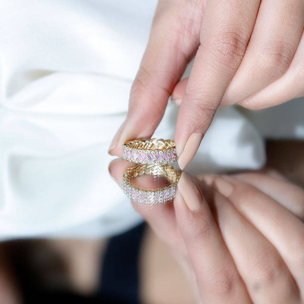 Baguette Lab Grown Pink Sapphire Eternity Band with Diamond
