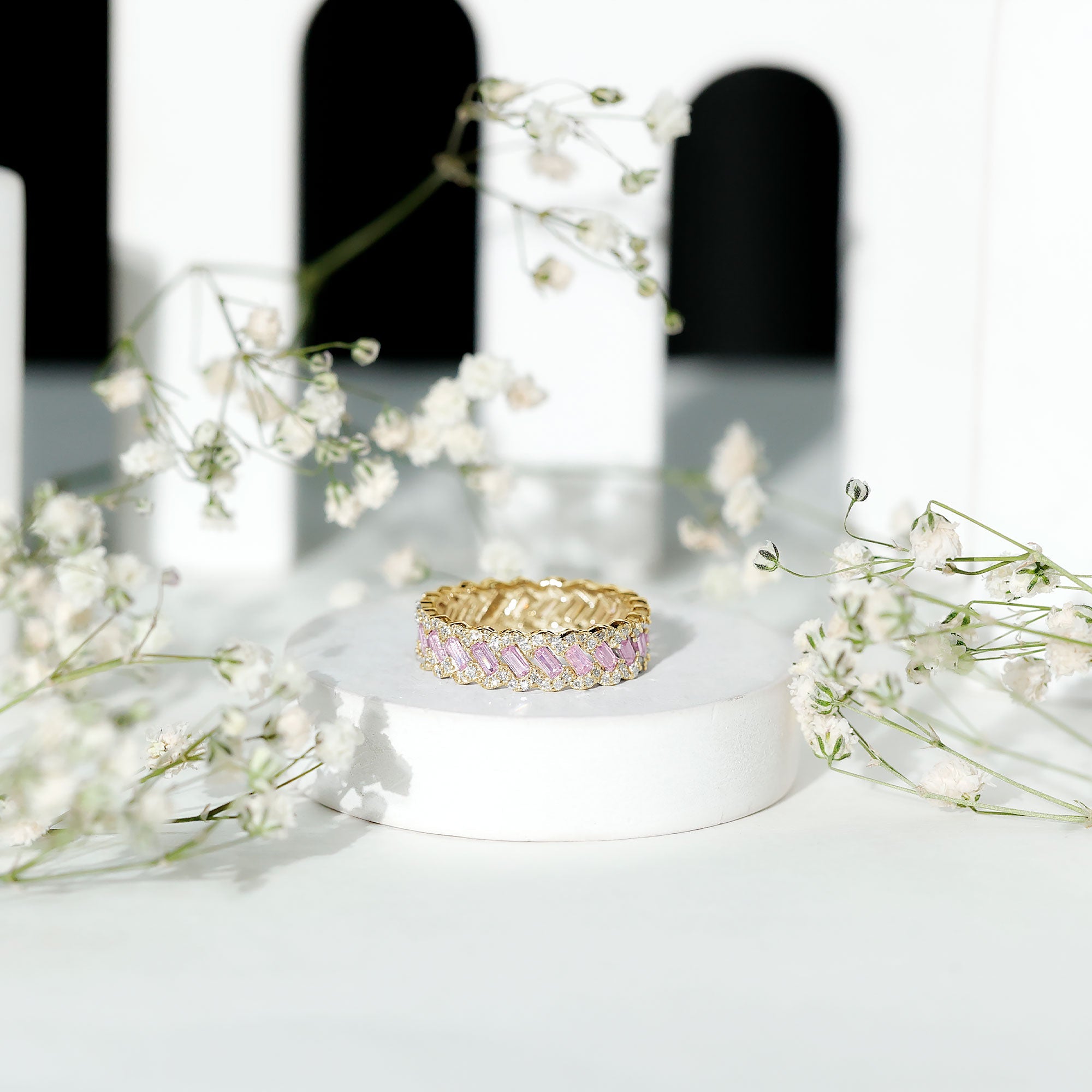 Baguette Lab Grown Pink Sapphire Eternity Band with Diamond
