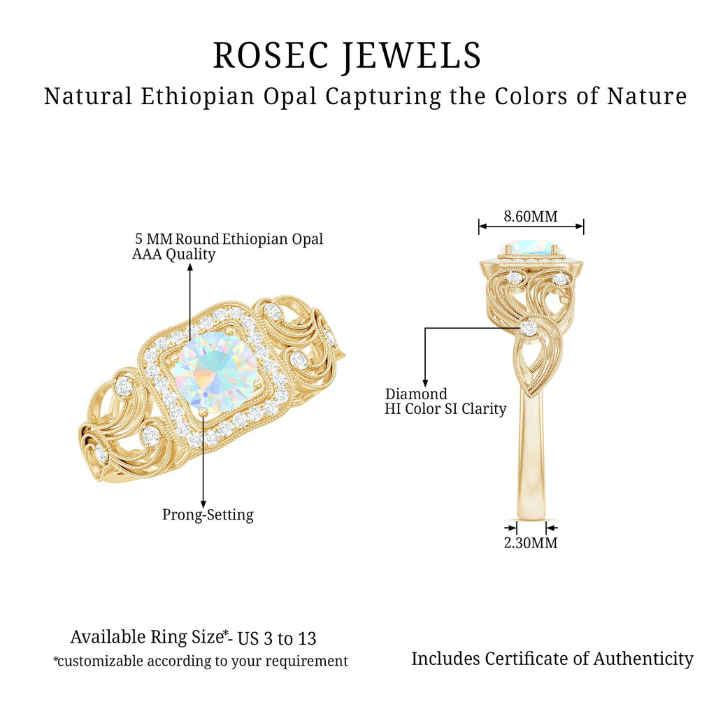 Certified Real Ethiopian Opal Retro Engagement Ring with Diamond