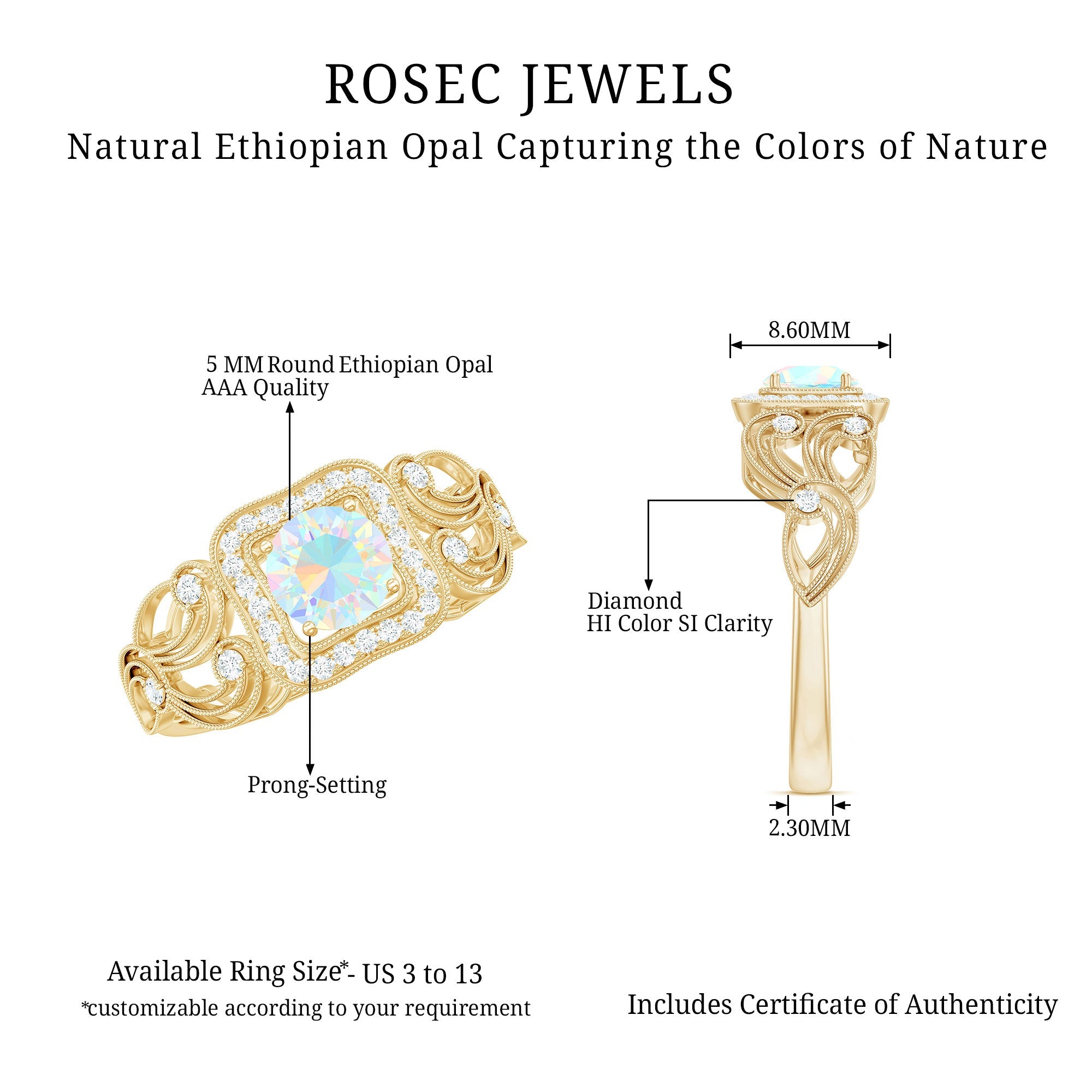 Certified Real Ethiopian Opal Retro Engagement Ring with Diamond