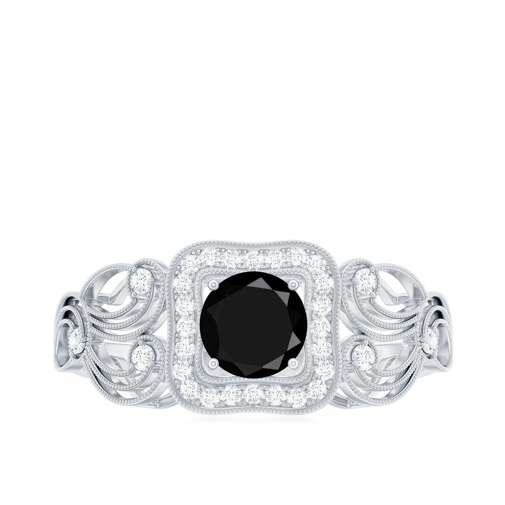 Natural Black Spinel Retro Engagement Ring with Diamond
