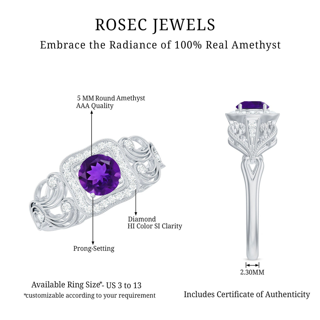 Vintage Inspired Real Amethyst Engagement Ring with Diamond