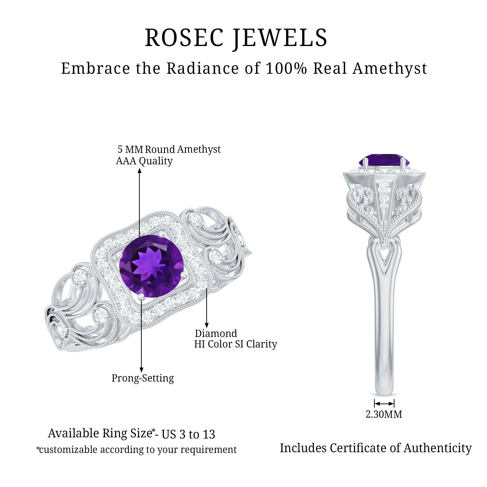 Vintage Inspired Real Amethyst Engagement Ring with Diamond