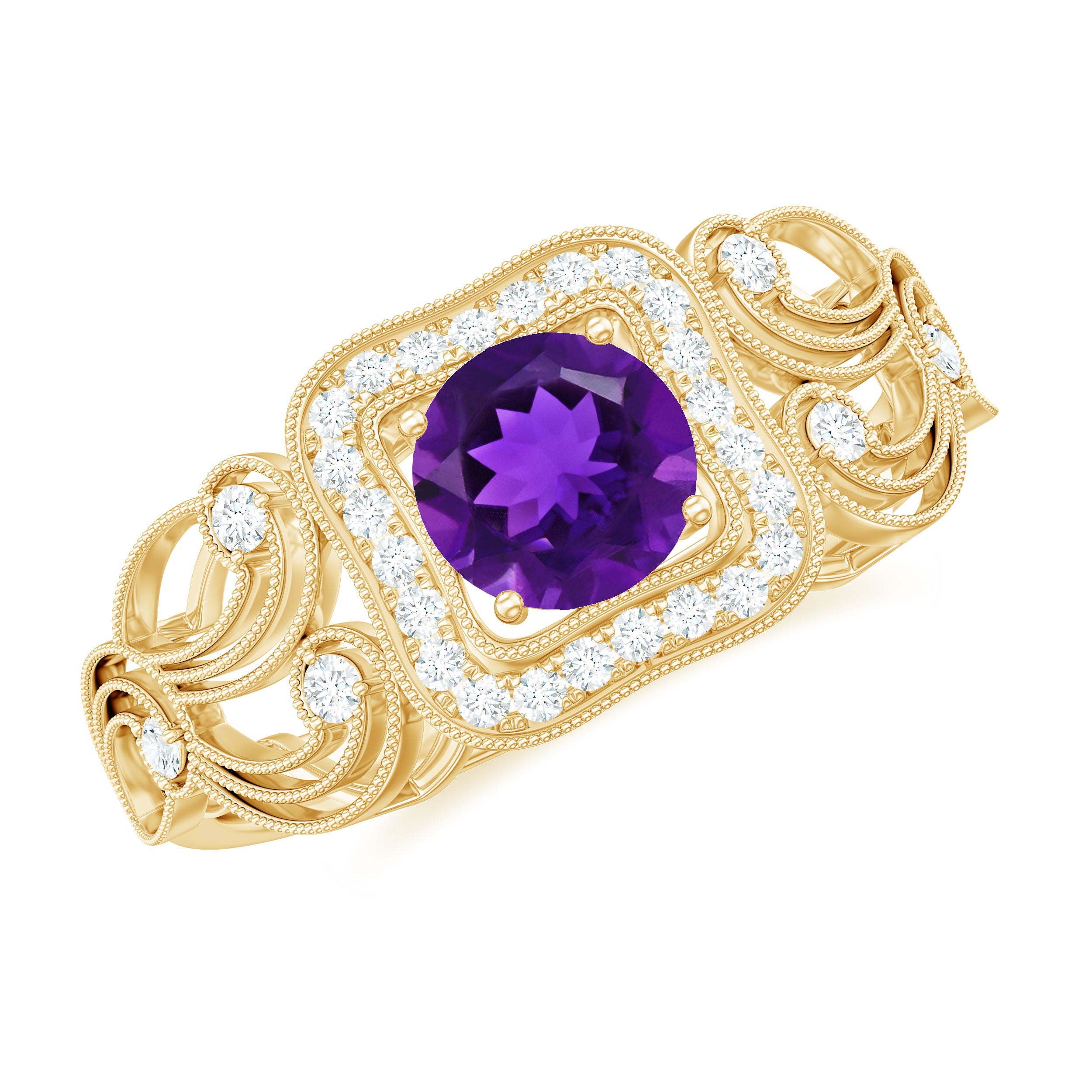 Vintage Inspired Real Amethyst Engagement Ring with Diamond