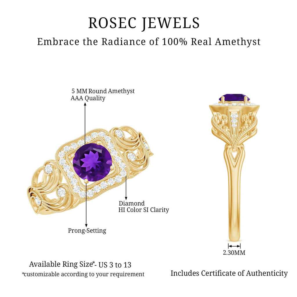 Vintage Inspired Real Amethyst Engagement Ring with Diamond