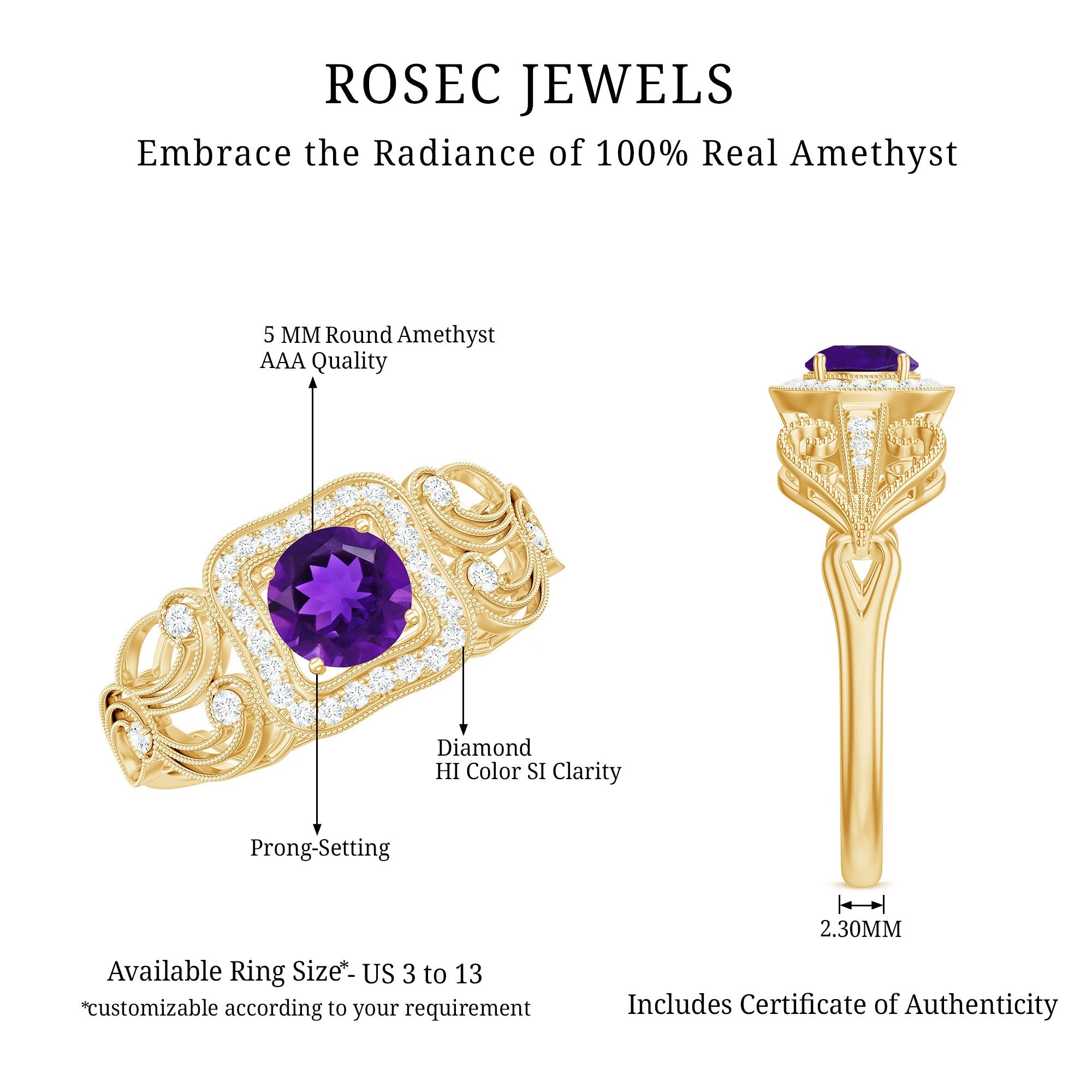 Vintage Inspired Real Amethyst Engagement Ring with Diamond