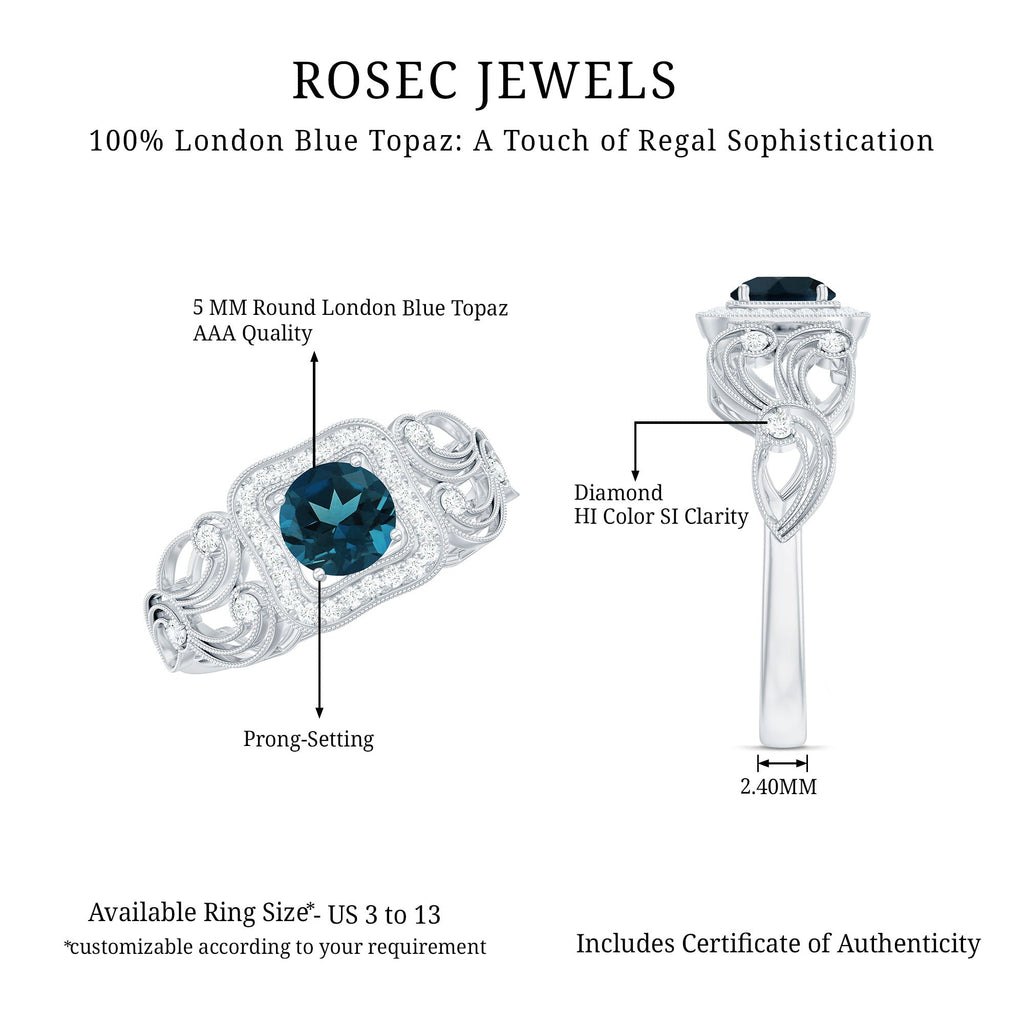 Certified London Blue Topaz Art Deco Engagement Ring with Diamond Halo