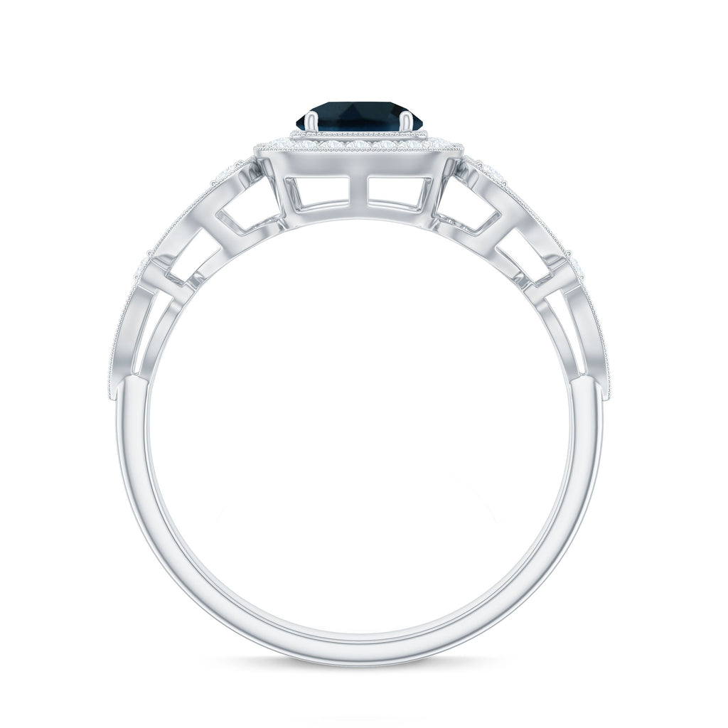 Certified London Blue Topaz Art Deco Engagement Ring with Diamond Halo