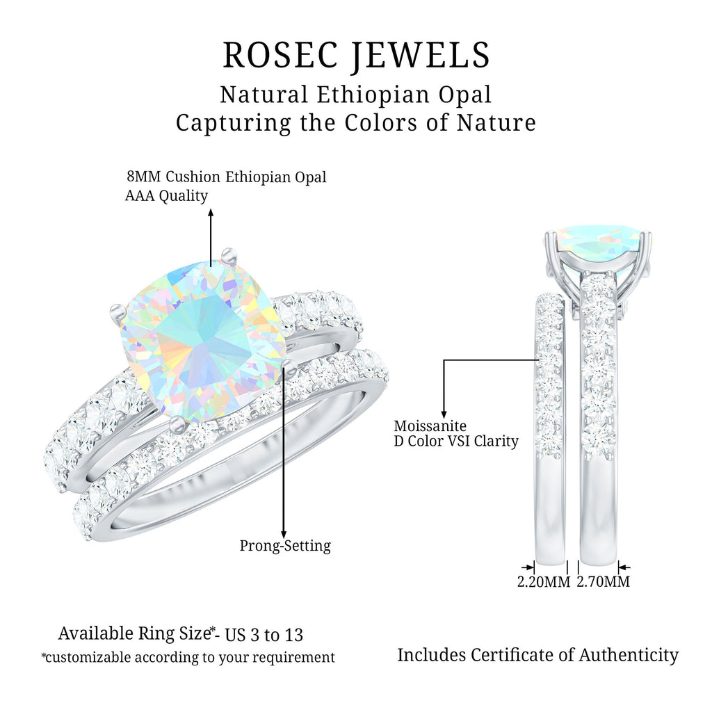 Certified Natural Ethiopian Opal Cushion Cut Engagement Ring with Wedding Band