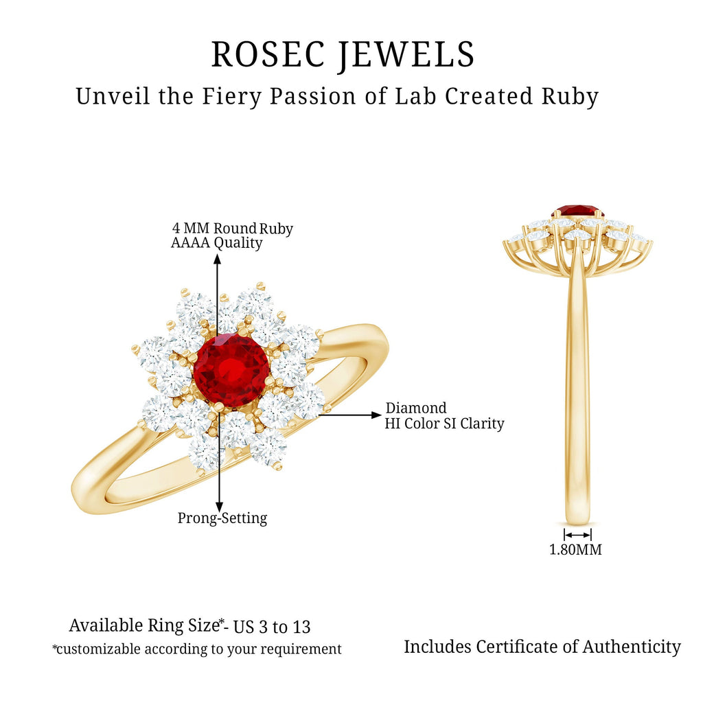Lab Grown Ruby and Diamond Flower Cluster Engagement Ring